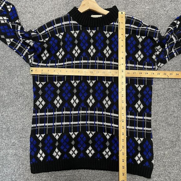 Vintage Separate Issue Mens Small Geometric Argyle Sweater Black Blue White - Picture 6 of 6